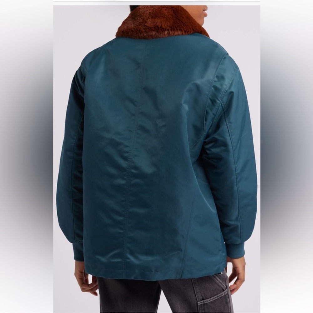 Anthropologie Blank‎ NYC Faux Fur Collar Bomber Jacket Teal Full Zip Small NWT - Picture 2 of 13